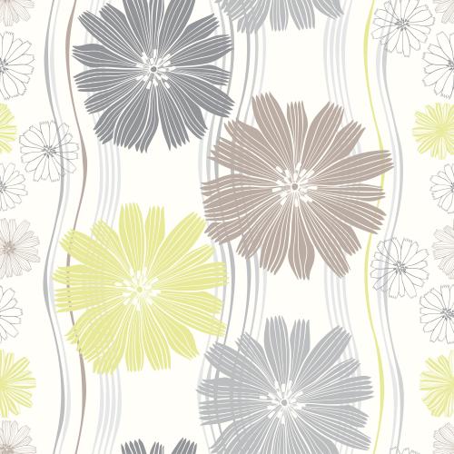 dekorative Silhouetten und Konturen von Blumen, vertikale wellenförmige Linien, graue und pastellfarbene Töne auf weißem